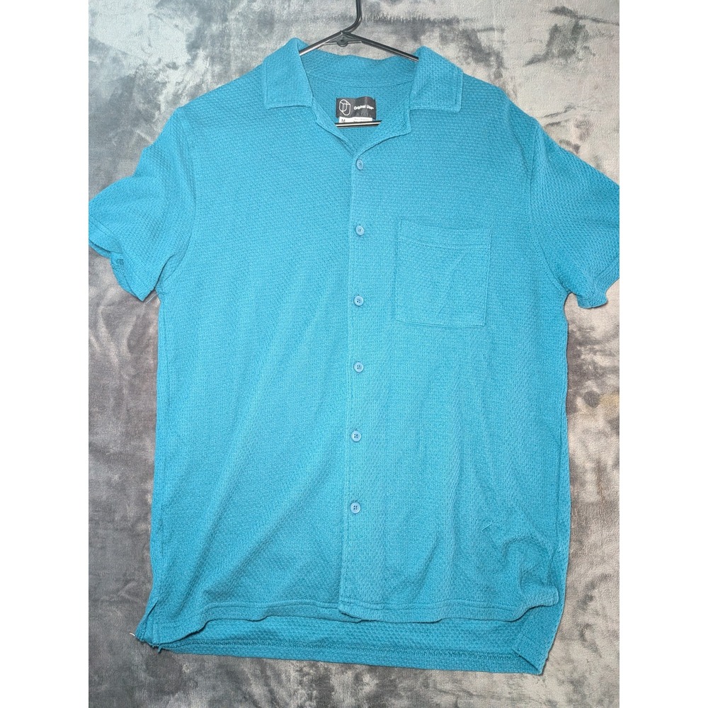 Original Use Camp Collar Shirt Cotton Blend Mens Medium Teal Blue Waffle Knit